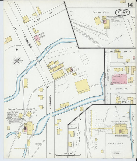 Sanborn Fire Insurance Map from Flint, Genesee County, Michigan (1892), Sheet #0014 - Historic Sanborn Fire Insurance Map Print, vintage old map wall art, antique decor, genealogy gift, Michigan Michigan map