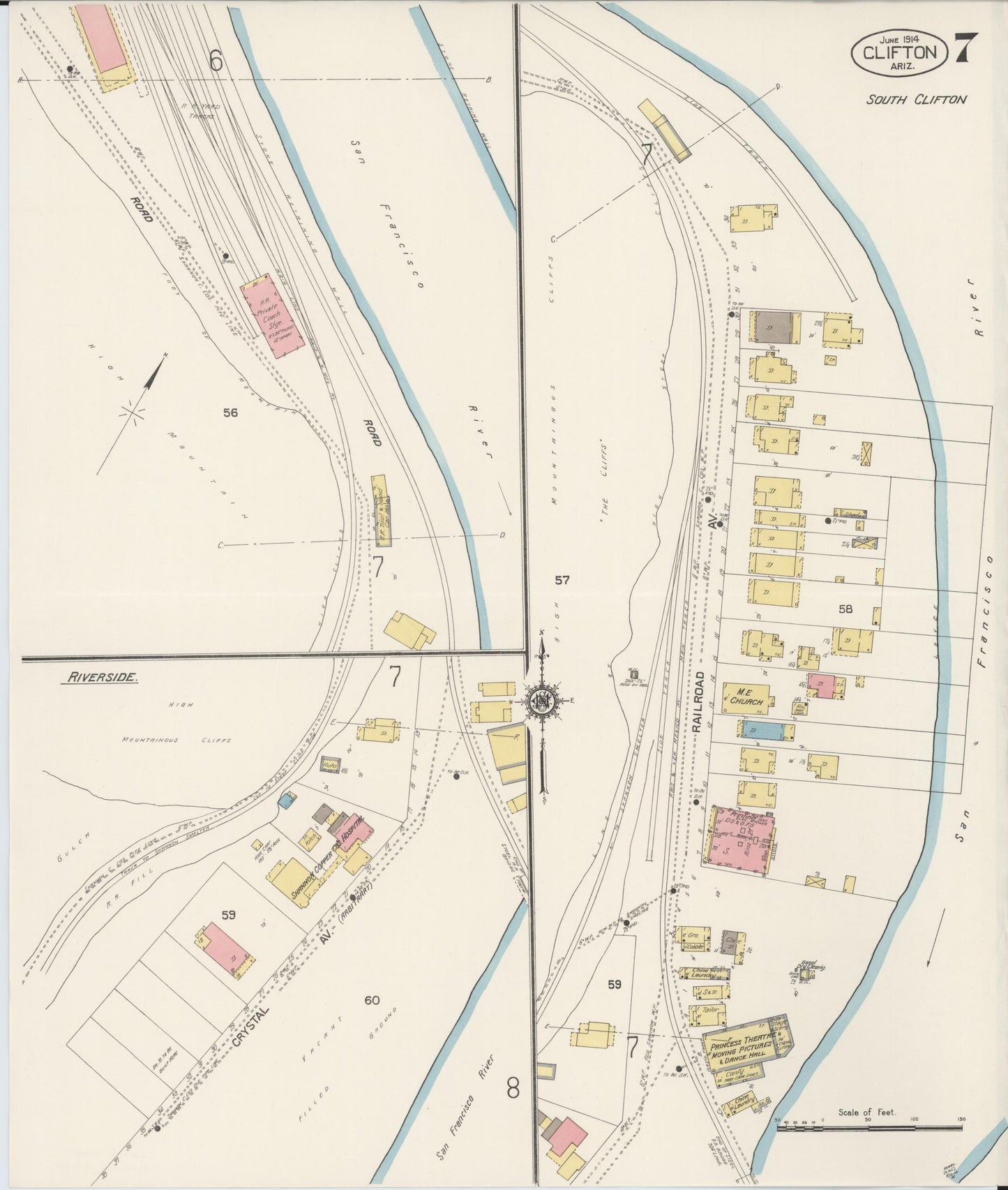 Sanborn Fire Insurance Map from Clifton, Greenlee County, Arizona (1914), Sheet #0007 - Historic Sanborn Fire Insurance Map Print, vintage old map wall art, antique decor, genealogy gift, Arizona Arizona map
