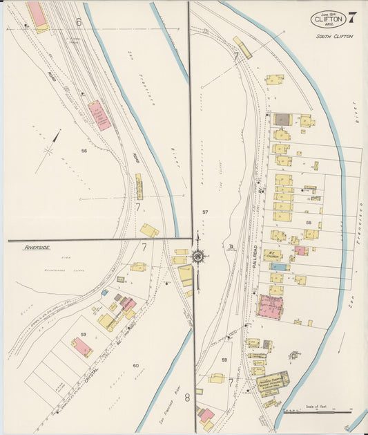 Sanborn Fire Insurance Map from Clifton, Greenlee County, Arizona (1914), Sheet #0007 - Historic Sanborn Fire Insurance Map Print, vintage old map wall art, antique decor, genealogy gift, Arizona Arizona map