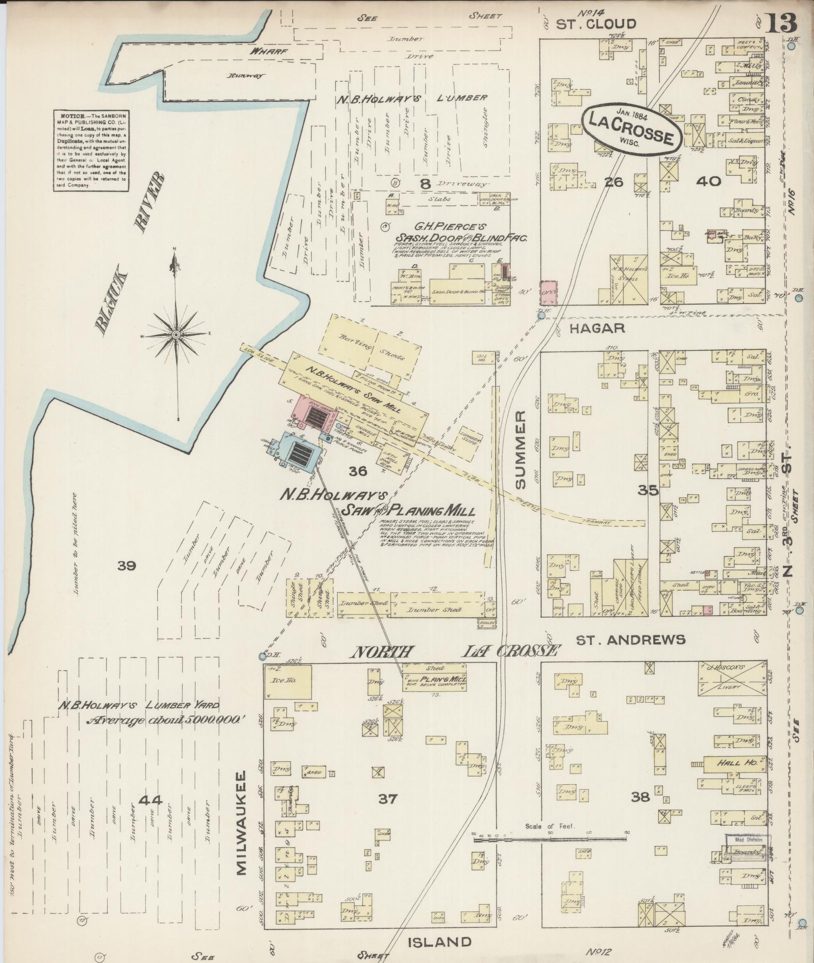 Sanborn Fire Insurance Map from La Crosse, La Crosse County, Wisconsin (1884), Sheet #0013 - Historic Sanborn Fire Insurance Map Print, vintage old map wall art, antique decor, genealogy gift, Wisconsin Wisconsin map