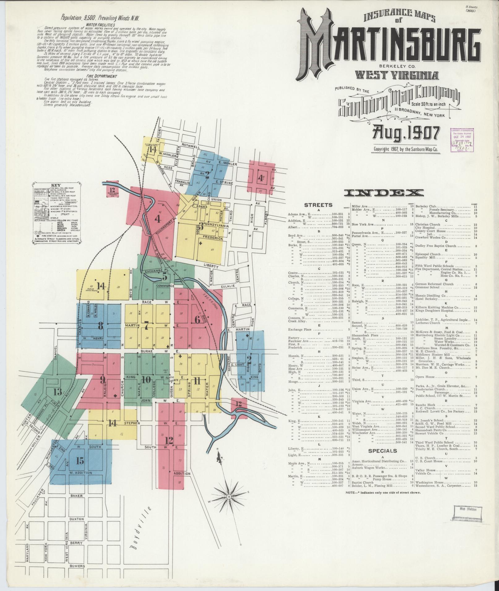 Sanborn Fire Insurance Map from Martinsburg, Berkeley County, West Virginia (1907), Sheet #0001 - Complete Map Set gallery image, historic Sanborn map, vintage wall art, West Virginia West Virginia