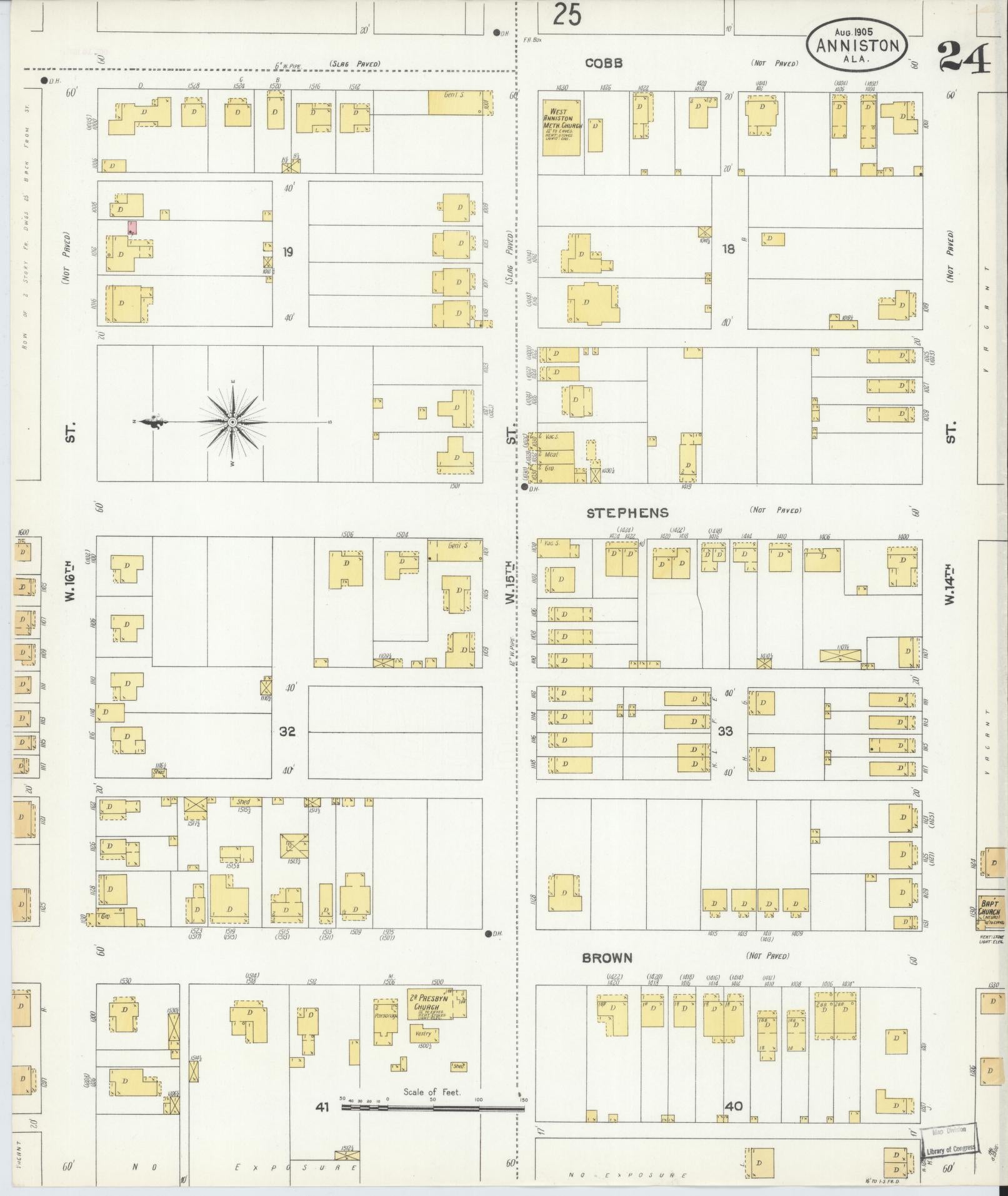 Sanborn Fire Insurance Map from Anniston, Calhoun County, Alabama (1905), Sheet #0024 - Complete Map Set gallery image, historic Sanborn map, vintage wall art, Alabama Alabama