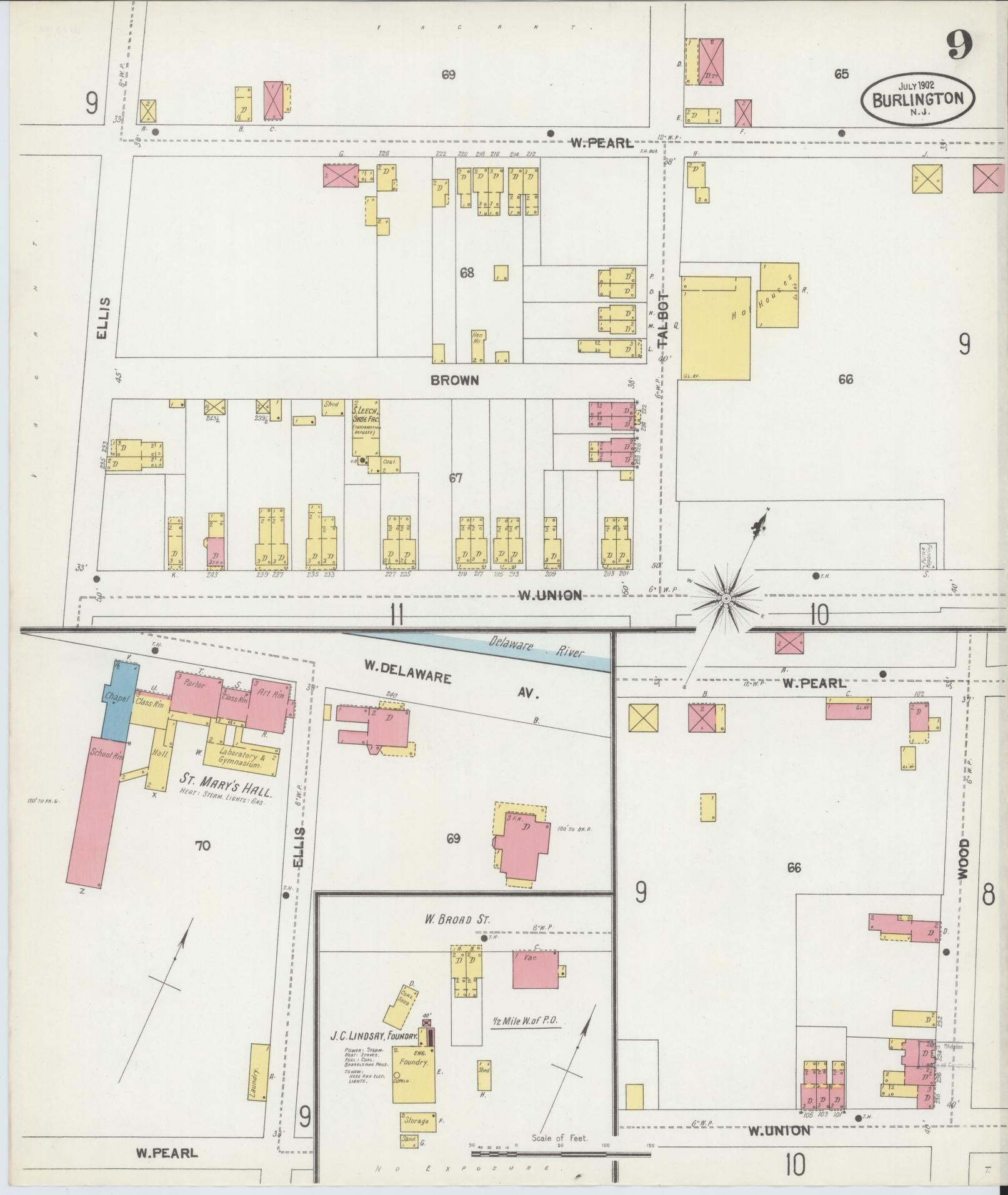 Sanborn Fire Insurance Map from Burlington, Burlington County, New Jersey (1902), Sheet #0009 - Historic Sanborn Fire Insurance Map Print, vintage old map wall art, antique decor, genealogy gift, New Jersey New Jersey map
