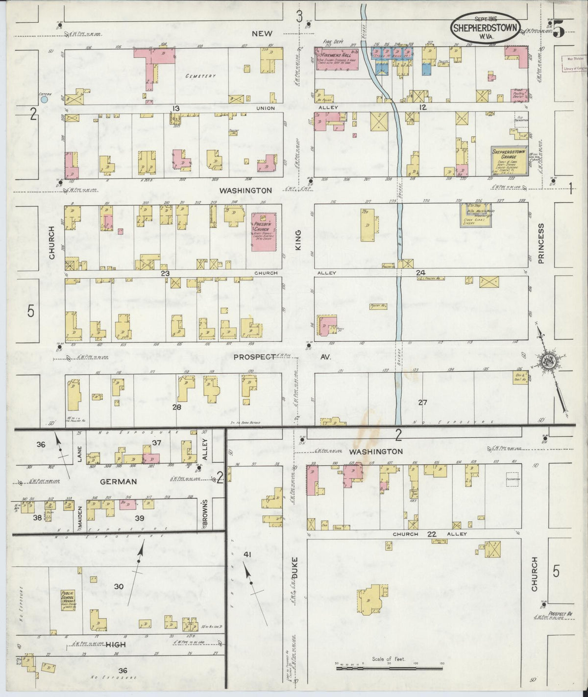 Sanborn Fire Insurance Map from Shepherdstown, Jefferson County, West Virginia (1915), Sheet #0005 - Historic Sanborn Fire Insurance Map Print, vintage old map wall art, antique decor, genealogy gift, West Virginia West Virginia map