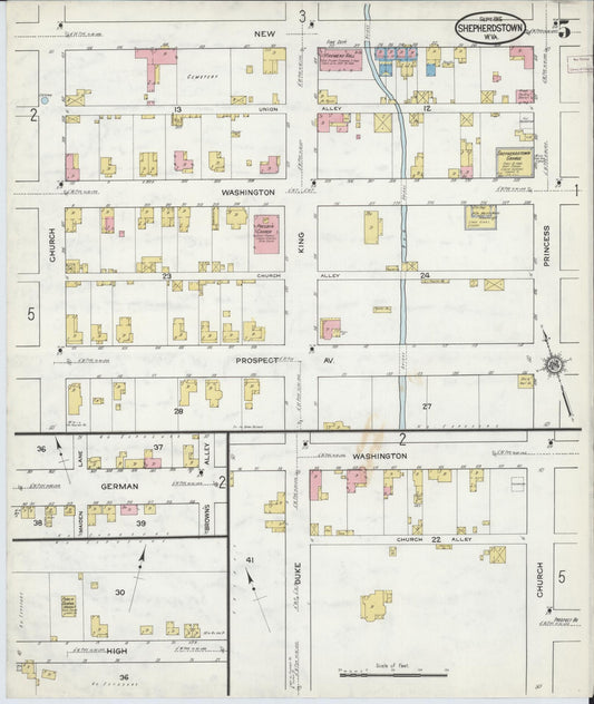 Sanborn Fire Insurance Map from Shepherdstown, Jefferson County, West Virginia (1915), Sheet #0005 - Historic Sanborn Fire Insurance Map Print, vintage old map wall art, antique decor, genealogy gift, West Virginia West Virginia map