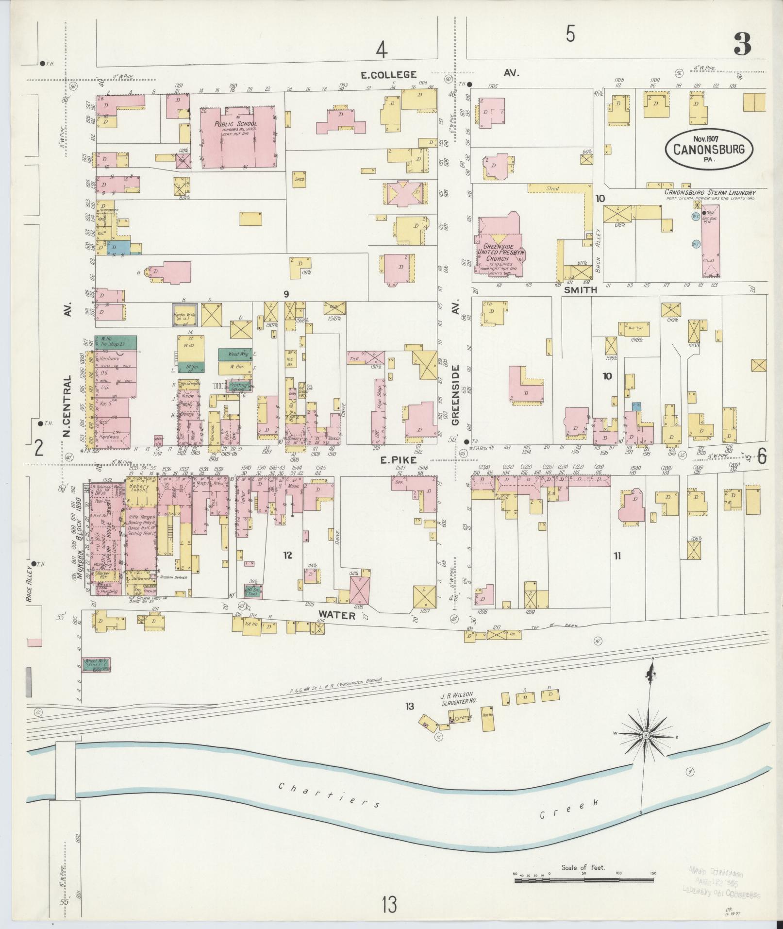 Sanborn Fire Insurance Map from Canonsburg, Washington County, Pennsylvania (1907), Sheet #0003 - Historic Sanborn Fire Insurance Map Print, vintage old map wall art, antique decor, genealogy gift, Pennsylvania Pennsylvania map
