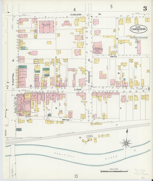 Sanborn Fire Insurance Map from Canonsburg, Washington County, Pennsylvania (1907), Sheet #0003 - Historic Sanborn Fire Insurance Map Print, vintage old map wall art, antique decor, genealogy gift, Pennsylvania Pennsylvania map