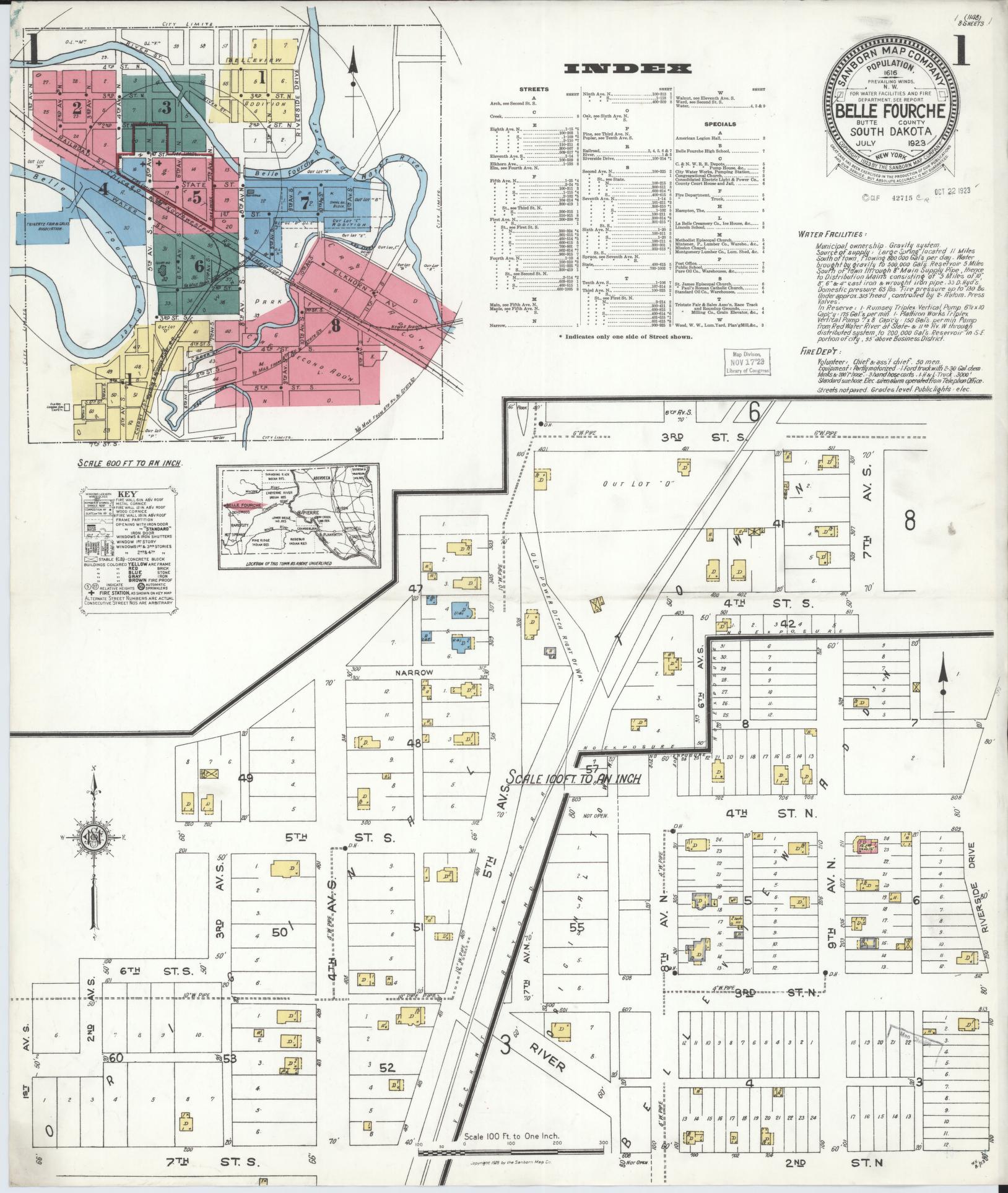 Sanborn Fire Insurance Map from Belle Fourche, Butte County, South Dakota (1923), Sheet #0001 - Complete Map Set gallery image, historic Sanborn map, vintage wall art, South Dakota South Dakota
