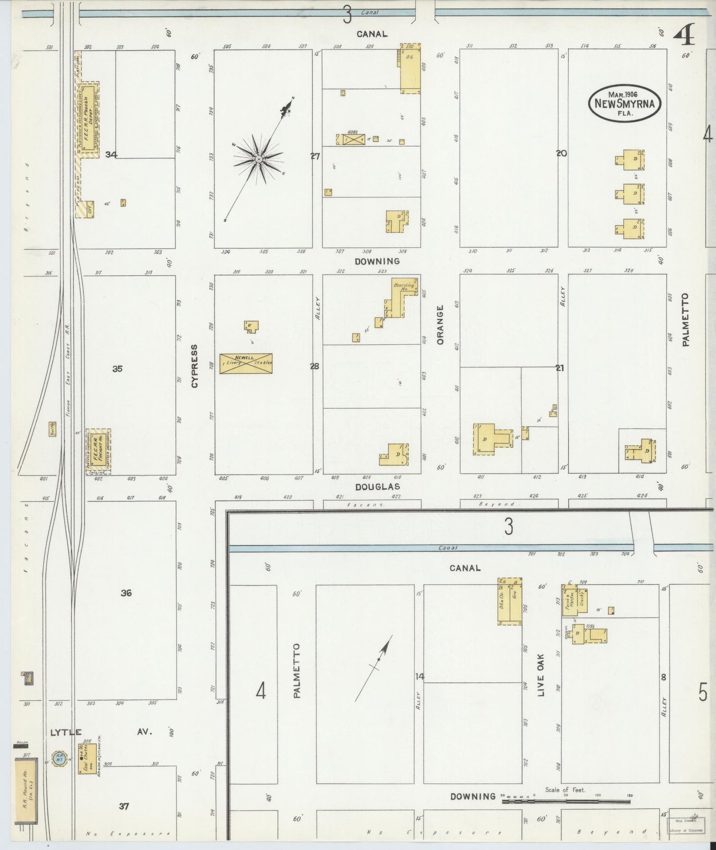 Sanborn Fire Insurance Map from New Smyrna, Valusia County, Florida (1906), Sheet #0004 - Historic Sanborn Fire Insurance Map Print, vintage old map wall art, antique decor, genealogy gift, Florida Florida map