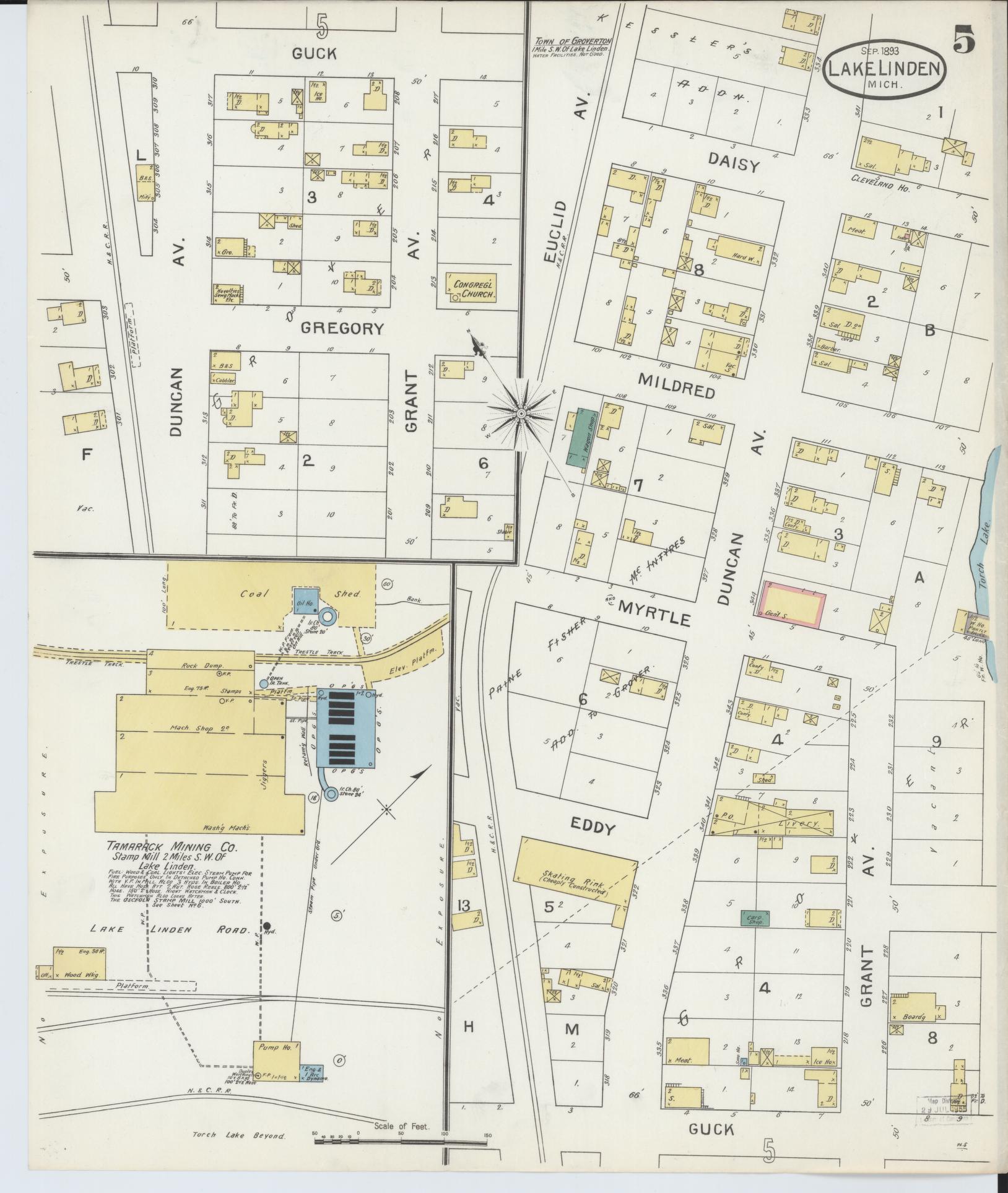 Sanborn Fire Insurance Map from Lake Linden, Houghton County, Michigan (1893), Sheet #0005 - Complete Map Set gallery image, historic Sanborn map, vintage wall art, Michigan Michigan