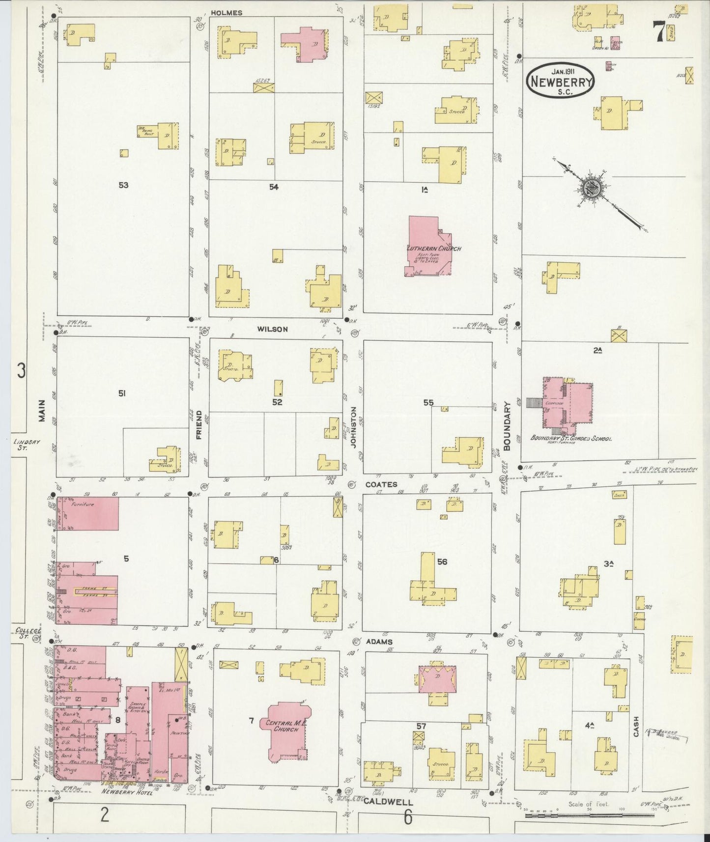 Sanborn Fire Insurance Map from Newberry, Newberry County, South Carolina (1911), Sheet #0007 - Historic Sanborn Fire Insurance Map Print, vintage old map wall art, antique decor, genealogy gift, South Carolina South Carolina map