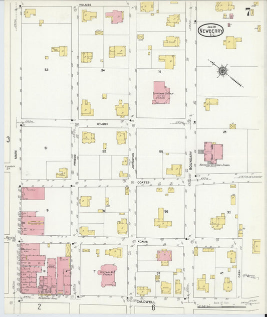 Sanborn Fire Insurance Map from Newberry, Newberry County, South Carolina (1911), Sheet #0007 - Historic Sanborn Fire Insurance Map Print, vintage old map wall art, antique decor, genealogy gift, South Carolina South Carolina map