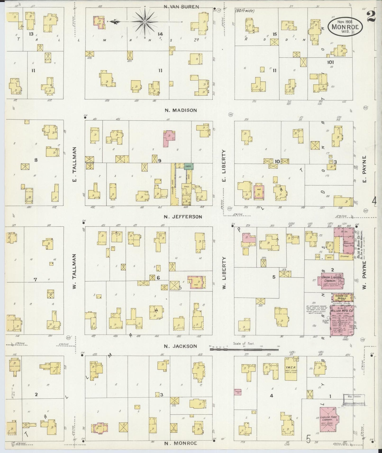Sanborn Fire Insurance Map from Monroe, Green County, Wisconsin (1908), Sheet #0002 - Complete Map Set gallery image, historic Sanborn map, vintage wall art, Wisconsin Wisconsin