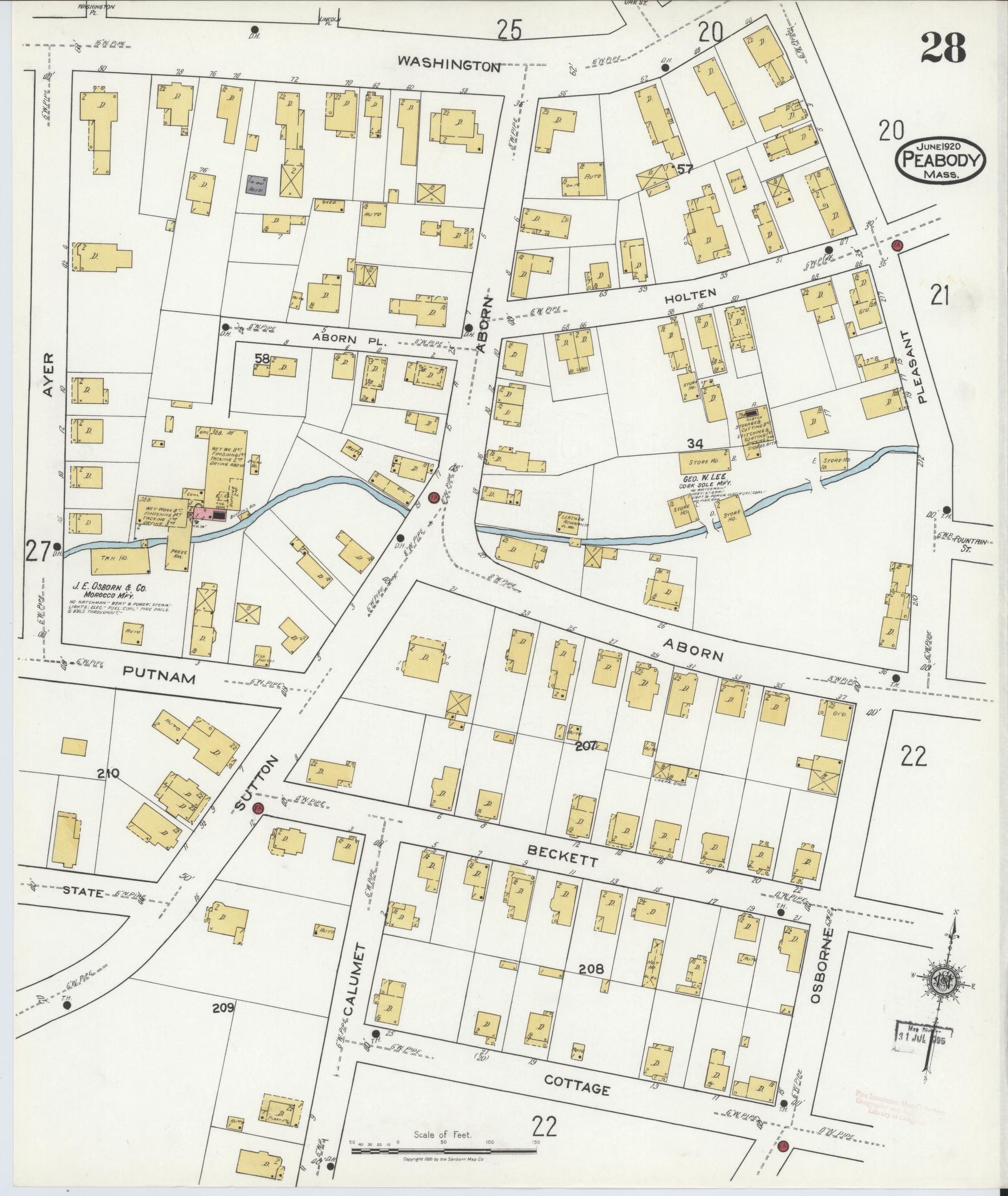 Sanborn Fire Insurance Map from Peabody, Essex County, Massachusetts (1920), Sheet #0028 - Historic Sanborn Fire Insurance Map Print, vintage old map wall art, antique decor, genealogy gift, Massachusetts Massachusetts map
