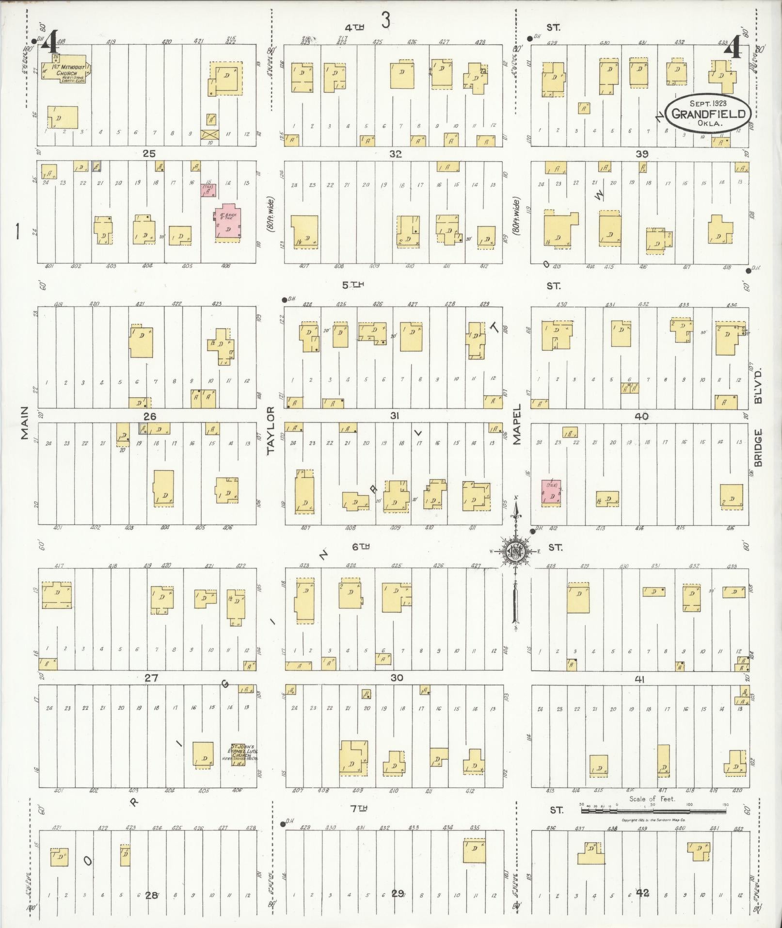Sanborn Fire Insurance Map from Grandfield, Tillman County, Oklahoma (1923), Sheet #0004 - Complete Map Set gallery image, historic Sanborn map, vintage wall art, Oklahoma Oklahoma