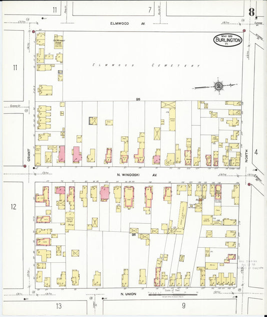 Sanborn Fire Insurance Map from Burlington, Chittenden County, Vermont (1919), Sheet #0008 - Historic Sanborn Fire Insurance Map Print, vintage old map wall art, antique decor, genealogy gift, Vermont Vermont map