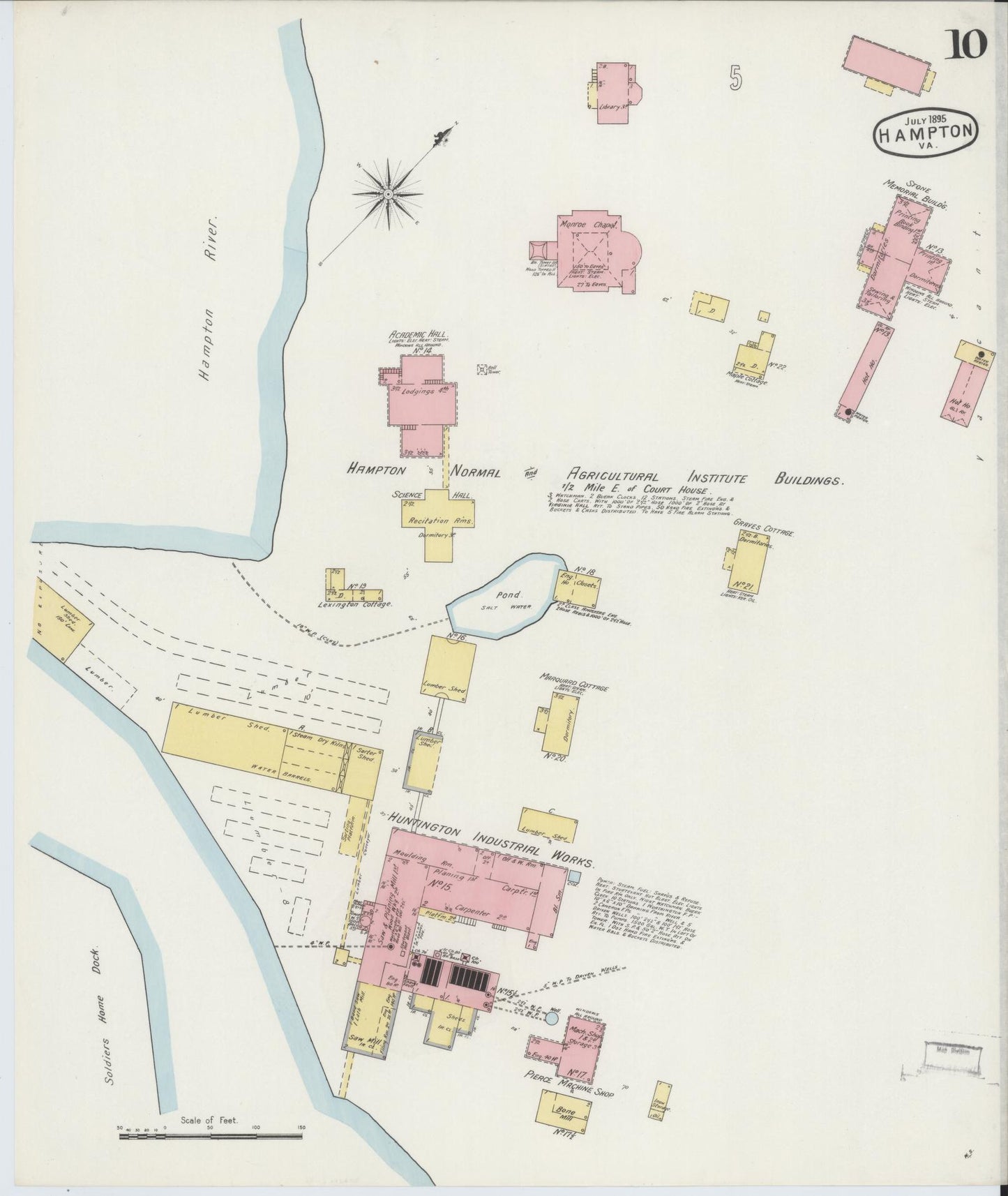 Sanborn Fire Insurance Map from Hampton, Independent Cities, Virginia (1895), Sheet #0010 - Historic Sanborn Fire Insurance Map Print, vintage old map wall art, antique decor, genealogy gift, Virginia Virginia map