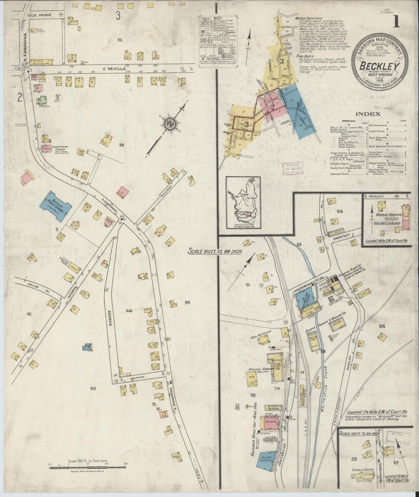 Sanborn Fire Insurance Map from Beckley, Raleigh County, West Virginia (1918), Sheet #0001 - Complete Map Set gallery image, historic Sanborn map, vintage wall art, West Virginia West Virginia