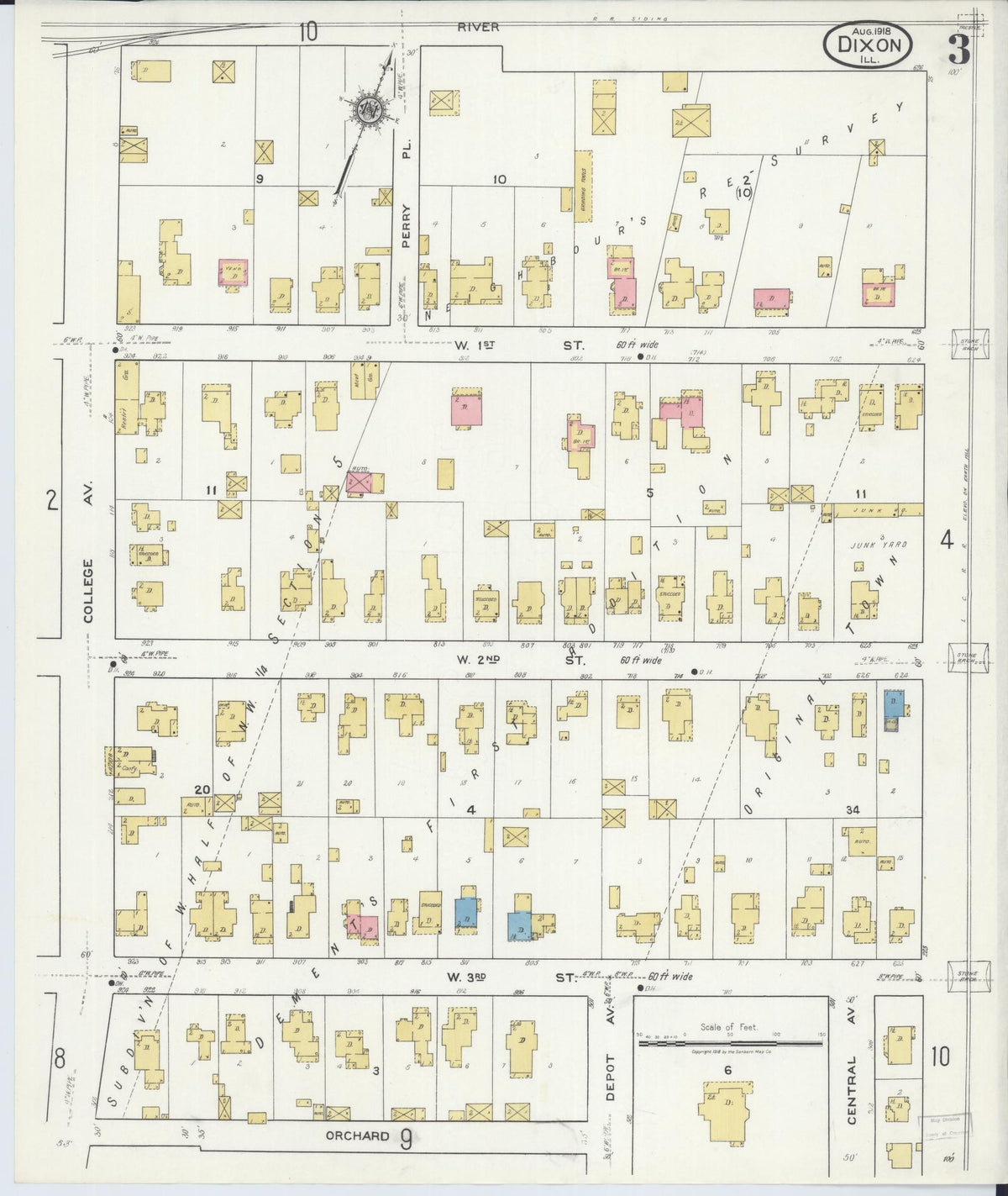 Sanborn Fire Insurance Map from Dixon, Lee County, Illinois (1918), Sheet #0003 - Complete Map Set gallery image, historic Sanborn map, vintage wall art, Illinois Illinois