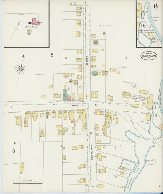 Sanborn Fire Insurance Map from Babylon, Suffolk County, New York (1897), Sheet #0006 - Historic Sanborn Fire Insurance Map Print, vintage old map wall art, antique decor, genealogy gift, New York New York map