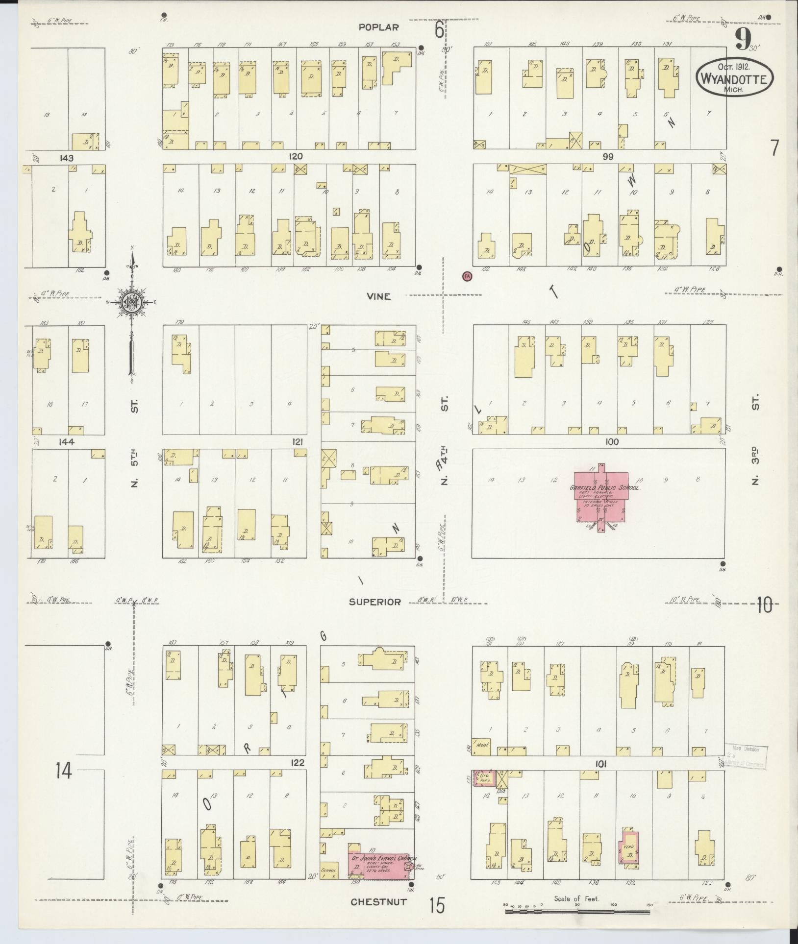 Sanborn Fire Insurance Map from Wyandotte, Wayne County, Michigan (1912), Sheet #0009 - Complete Map Set gallery image, historic Sanborn map, vintage wall art, Michigan Michigan