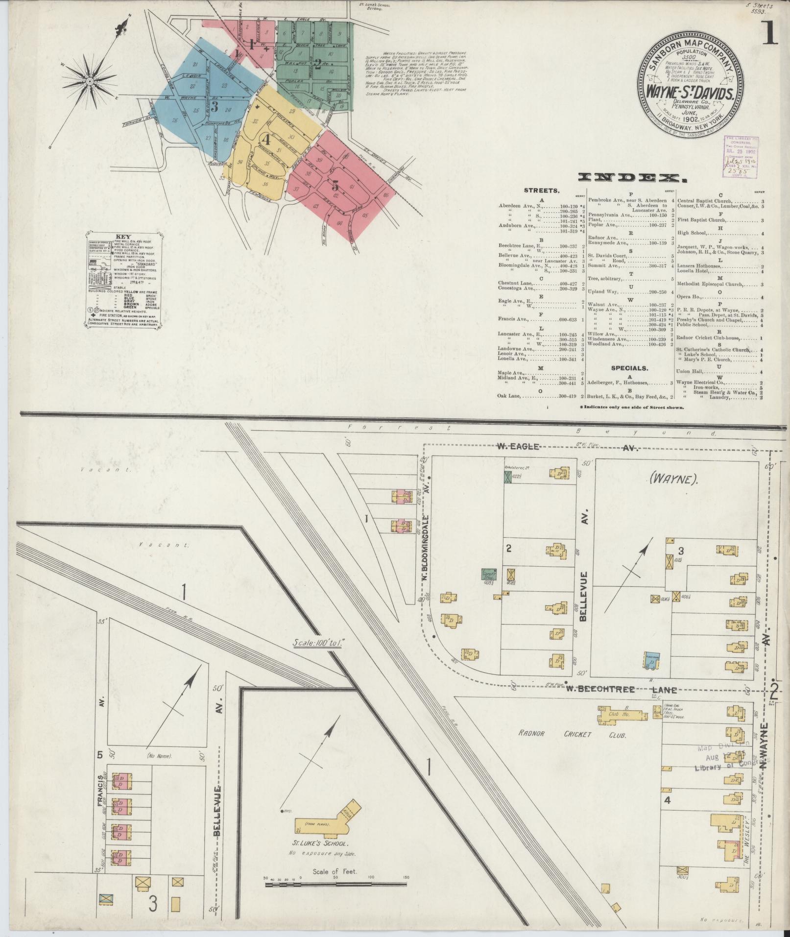 Sanborn Fire Insurance Map from Wayne, Delaware County, Pennsylvania (1902), Sheet #0001 - Complete Map Set gallery image, historic Sanborn map, vintage wall art, Pennsylvania Pennsylvania