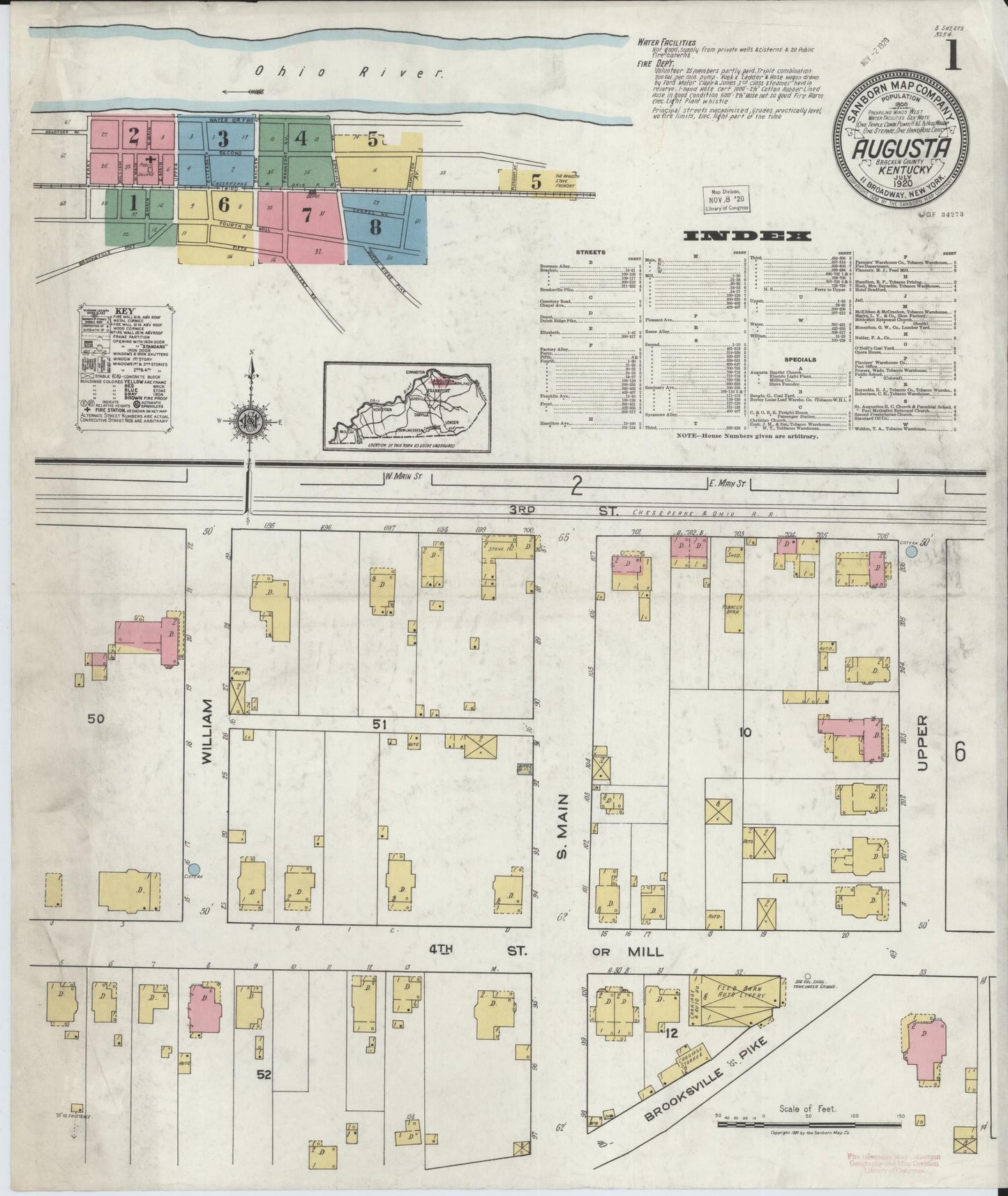 Sanborn Fire Insurance Map from Augusta, Bracken County, Kentucky (1920), Sheet #0001 - Complete Map Set gallery image, historic Sanborn map, vintage wall art, Kentucky Kentucky