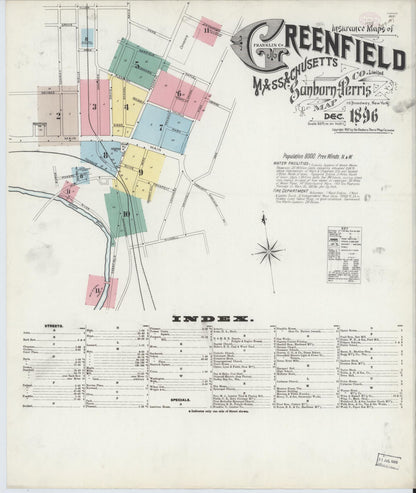 Sanborn Fire Insurance Map from Greenfield, Franklin County, Massachusetts (1896), Sheet #0001 - Historic Sanborn Fire Insurance Map Print, vintage old map wall art, antique decor, genealogy gift, Massachusetts Massachusetts map