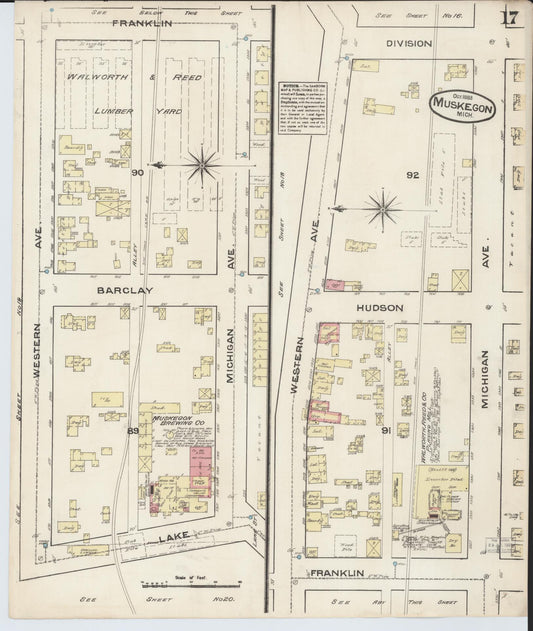 Sanborn Fire Insurance Map from Muskegon, Muskegon County, Michigan (1883), Sheet #0017 - Historic Sanborn Fire Insurance Map Print, vintage old map wall art, antique decor, genealogy gift, Michigan Michigan map