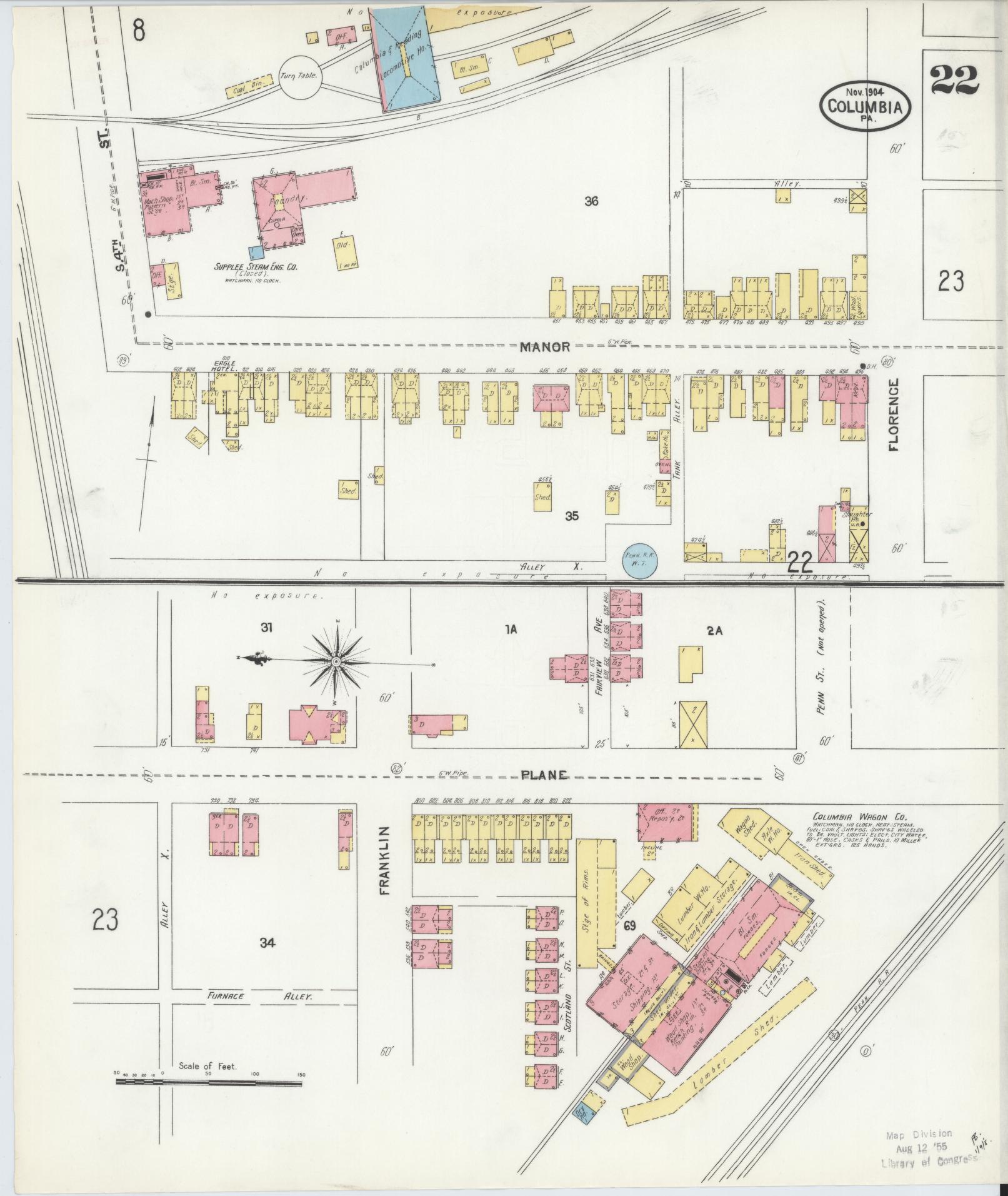 Sanborn Fire Insurance Map from Columbia, Lancaster County, Pennsylvania (1904), Sheet #0022 - Historic Sanborn Fire Insurance Map Print, vintage old map wall art, antique decor, genealogy gift, Pennsylvania Pennsylvania map