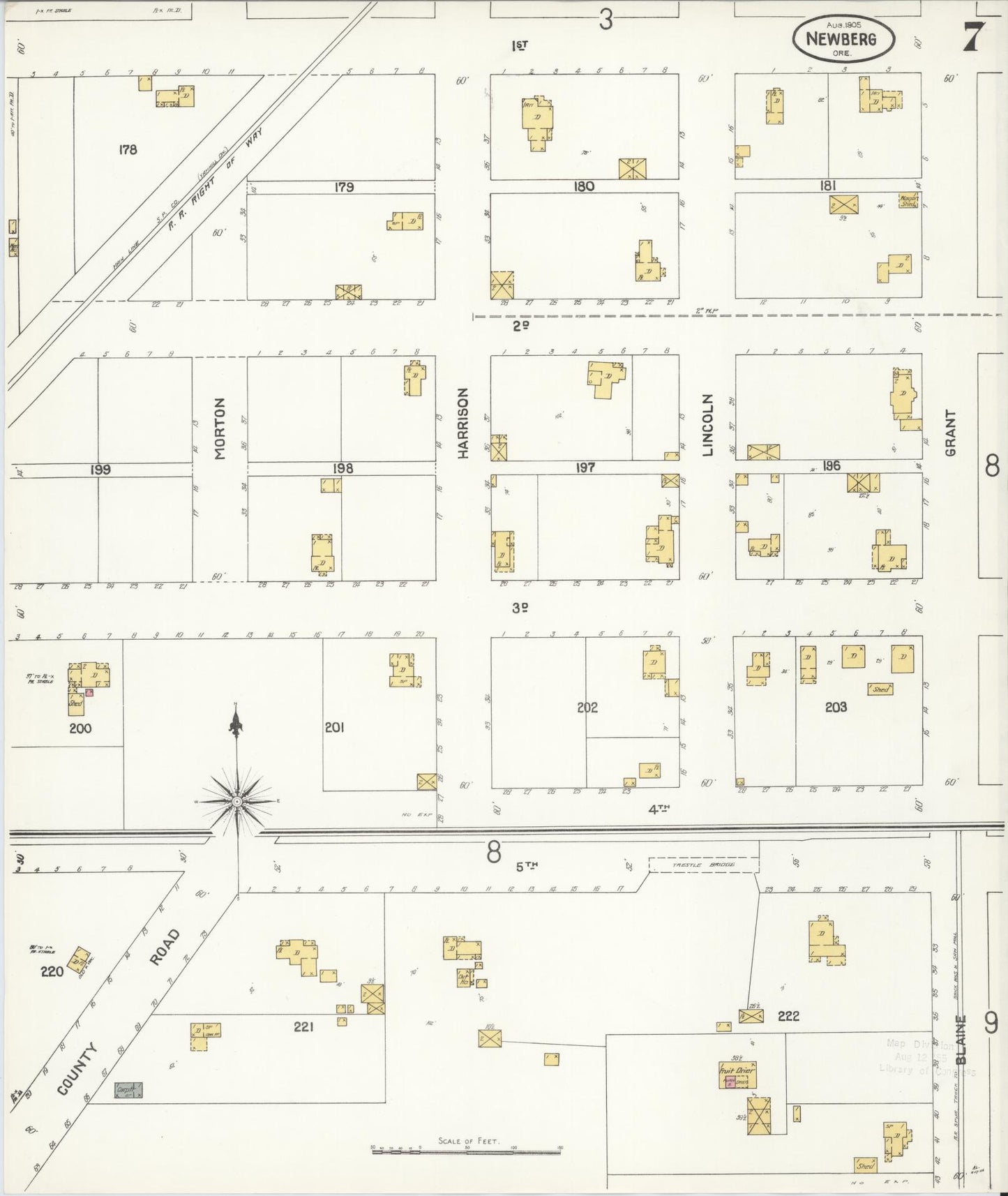 Sanborn Fire Insurance Map from Newberg, Yamhill County, Oregon (1905), Sheet #0007 - Complete Map Set gallery image, historic Sanborn map, vintage wall art, Oregon Oregon