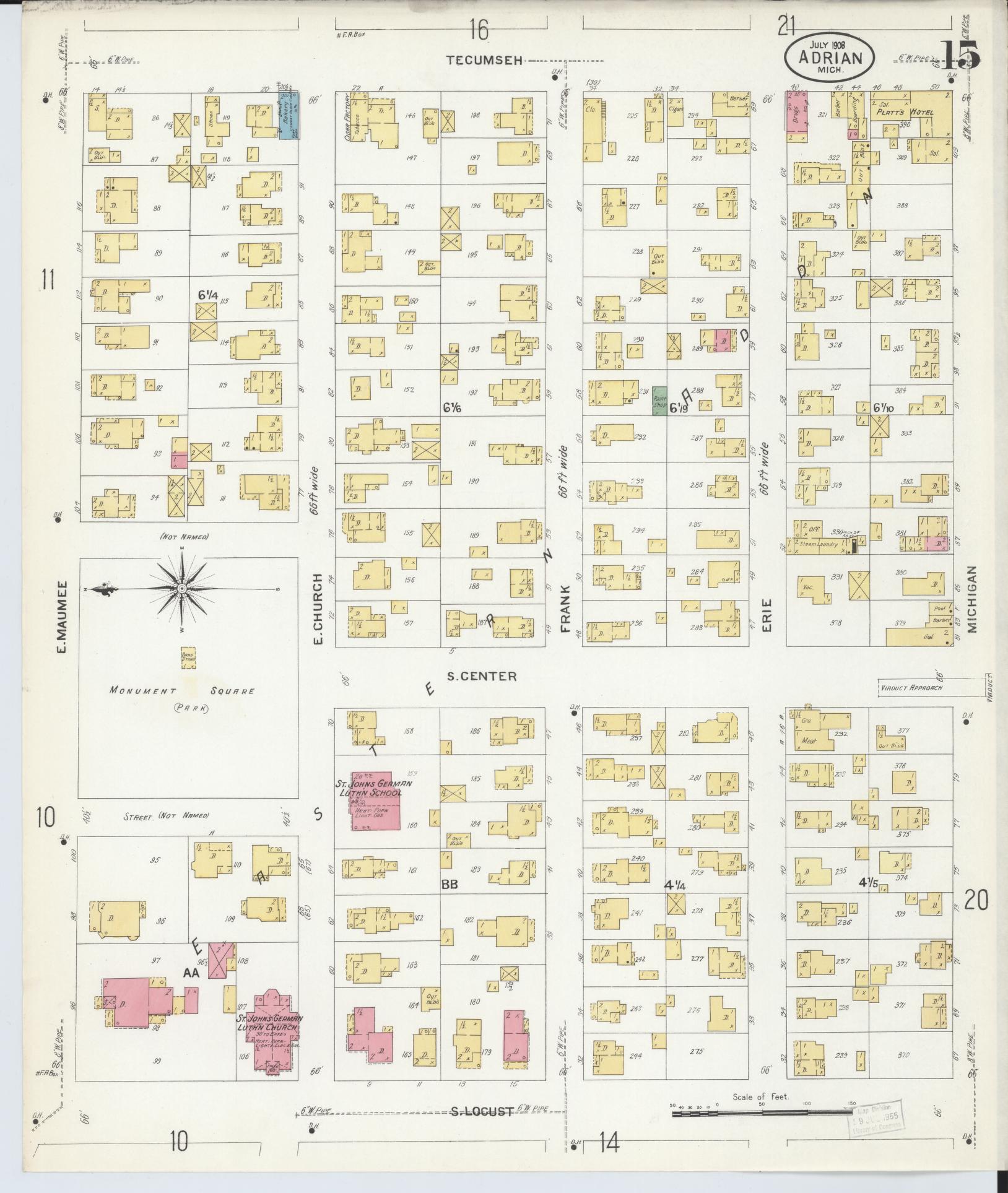 Sanborn Fire Insurance Map from Adrian, Lenawee County, Michigan (1908), Sheet #0015 - Complete Map Set gallery image, historic Sanborn map, vintage wall art, Michigan Michigan