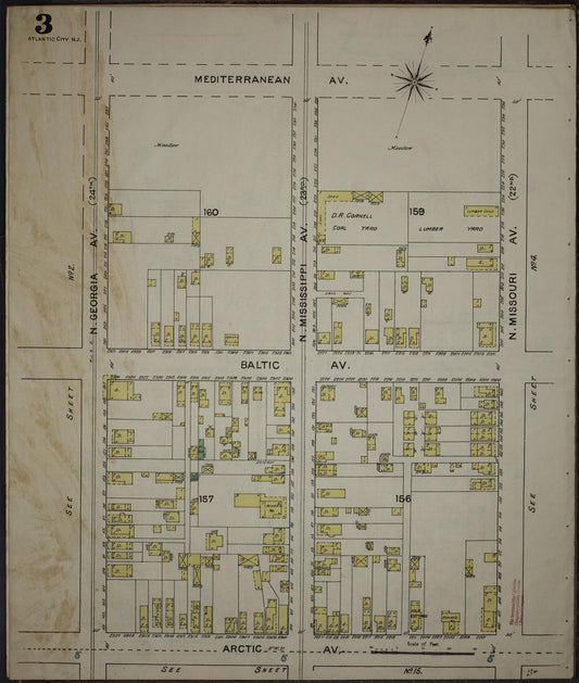 Sanborn Fire Insurance Map from Atlantic City, Atlantic County, New Jersey (1886), Sheet #0003 - Historic Sanborn Fire Insurance Map Print, vintage old map wall art, antique decor, genealogy gift, New Jersey New Jersey map