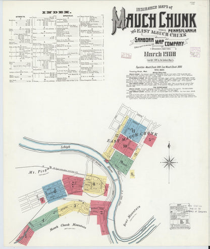 Sanborn Fire Insurance Map from Mauch Chunk, Carbon County, Pennsylvania (1908), Sheet #0001 - Historic Sanborn Fire Insurance Map Print, vintage old map wall art, antique decor, genealogy gift, Pennsylvania Pennsylvania map