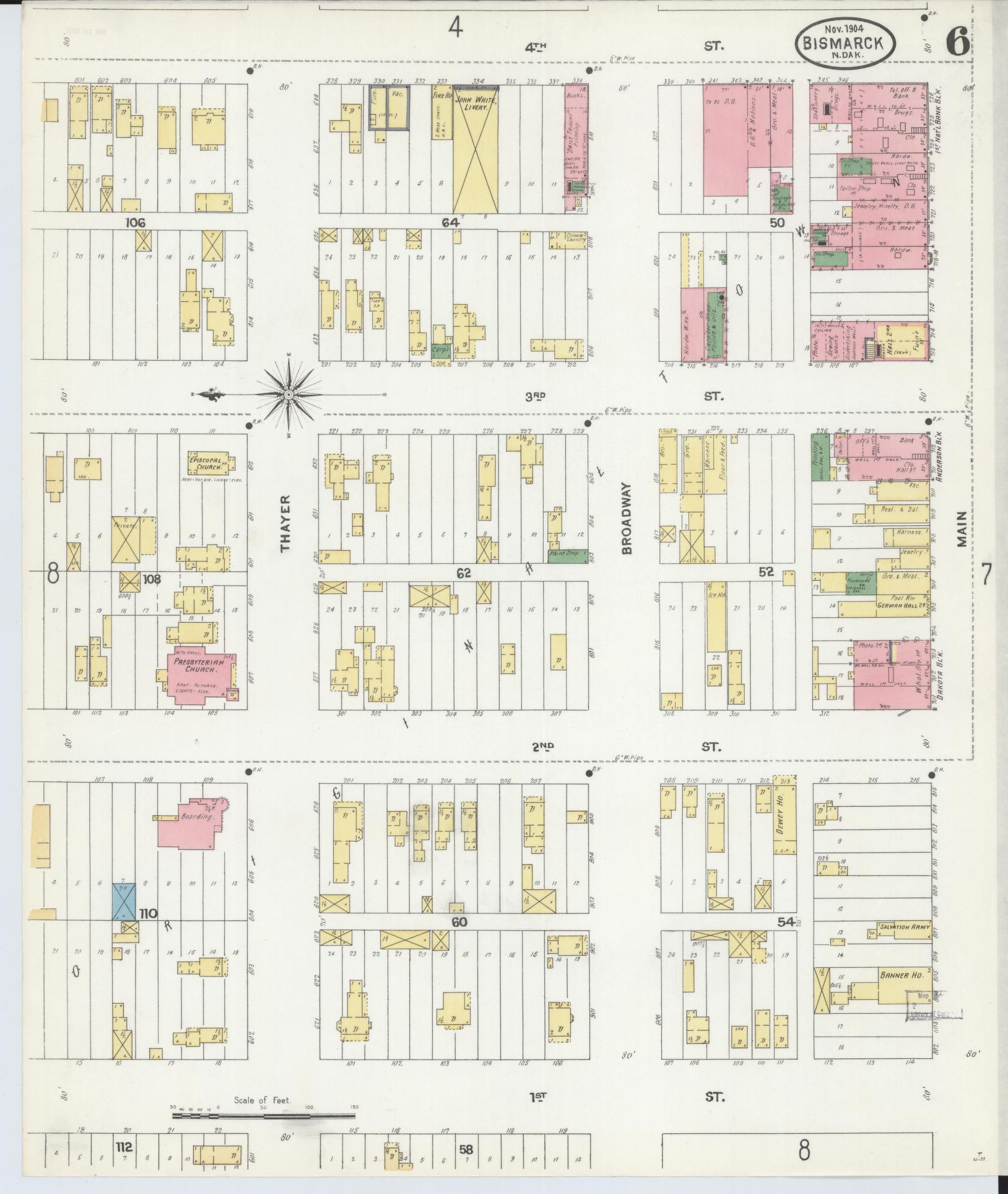 Sanborn Fire Insurance Map from Bismarck, Burleigh County, North Dakota (1904), Sheet #0006 - Complete Map Set gallery image, historic Sanborn map, vintage wall art, North Dakota North Dakota