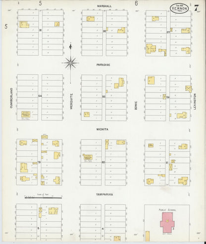 Sanborn Fire Insurance Map from Vernon, Wilbarger County, Texas (1902), Sheet #0007 - Historic Sanborn Fire Insurance Map Print, vintage old map wall art, antique decor, genealogy gift, Texas Texas map