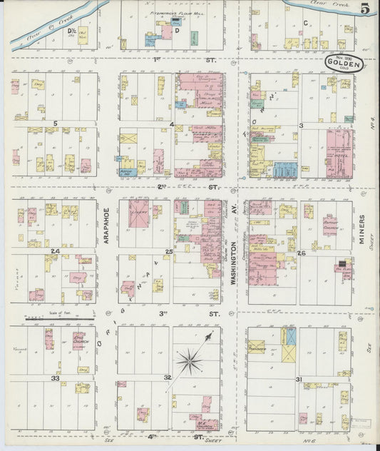 Sanborn Fire Insurance Map from Golden, Jefferson County, Colorado (1890), Sheet #0005 - Historic Sanborn Fire Insurance Map Print, vintage old map wall art, antique decor, genealogy gift, Colorado Colorado map