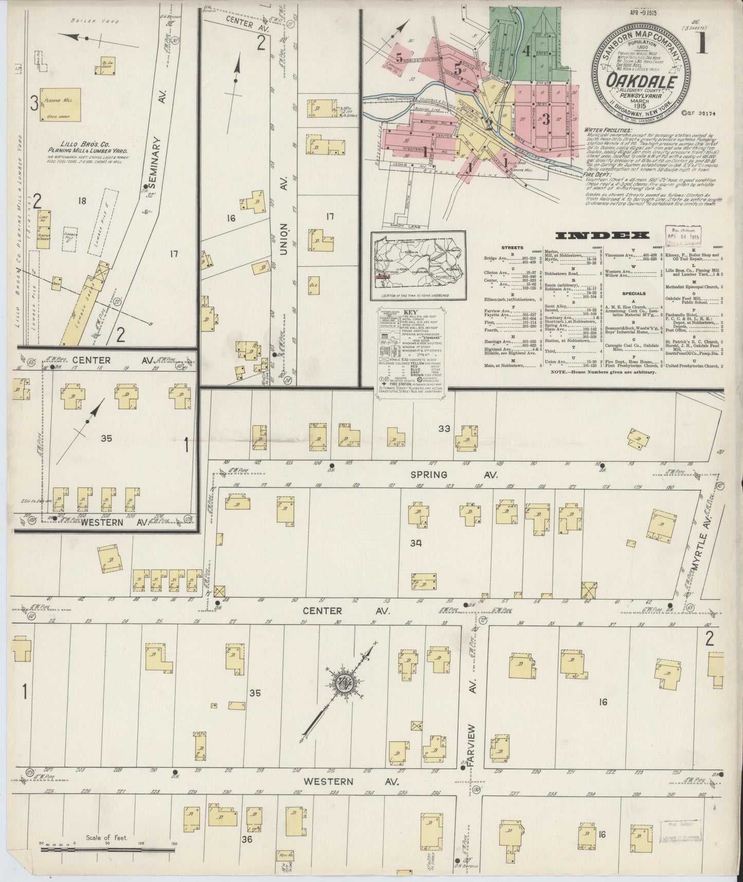 Sanborn Fire Insurance Map from Oakdale, Allegheny County, Pennsylvania (1915), Sheet #0001 - Complete Map Set gallery image, historic Sanborn map, vintage wall art, Pennsylvania Pennsylvania