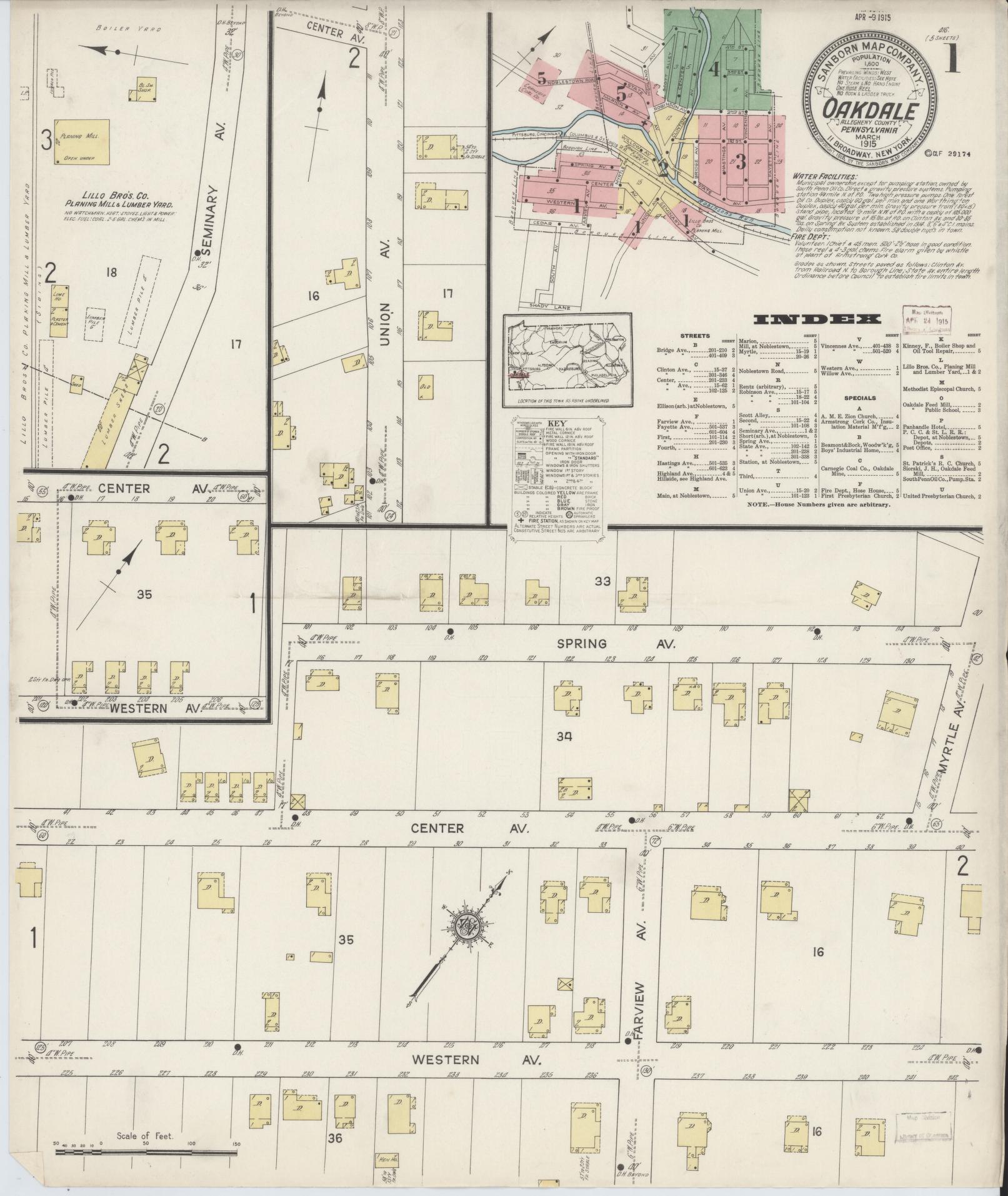Sanborn Fire Insurance Map from Oakdale, Allegheny County, Pennsylvania (1915), Sheet #0001 - Complete Map Set gallery image, historic Sanborn map, vintage wall art, Pennsylvania Pennsylvania