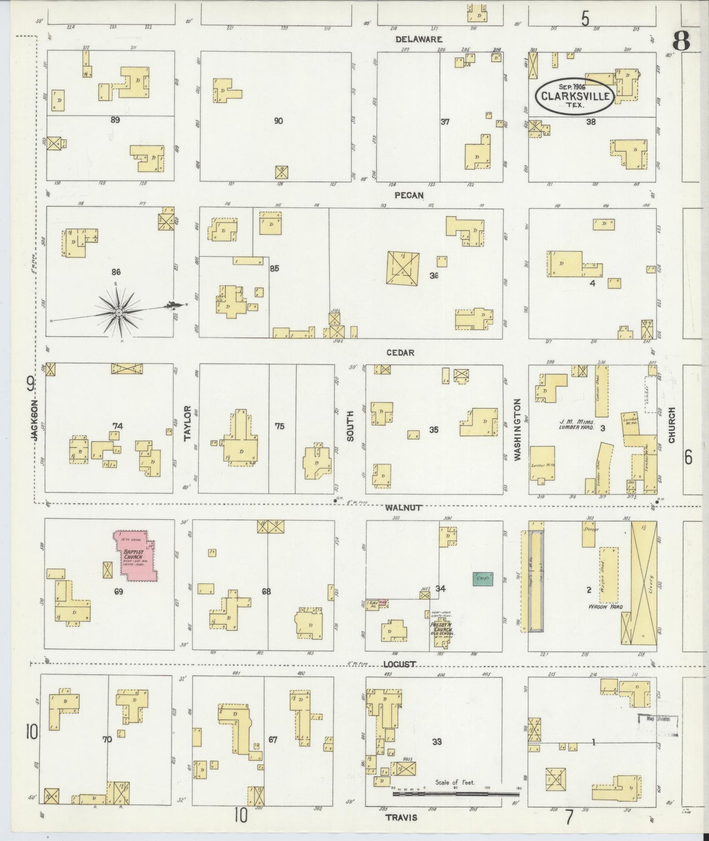 Sanborn Fire Insurance Map from Clarksville, Red River County, Texas (1906), Sheet #0008 - Complete Map Set gallery image, historic Sanborn map, vintage wall art, Texas Texas