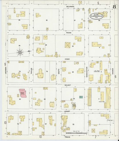 Sanborn Fire Insurance Map from Clarksville, Red River County, Texas (1906), Sheet #0008 - Complete Map Set gallery image, historic Sanborn map, vintage wall art, Texas Texas