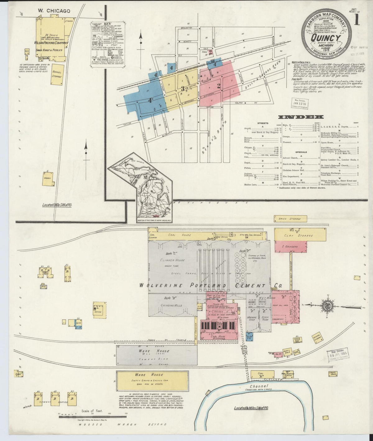 Sanborn Fire Insurance Map from Quincy, Branch County, Michigan (1919), Sheet #0001 - Historic Sanborn Fire Insurance Map Print, vintage old map wall art, antique decor, genealogy gift, Michigan Michigan map