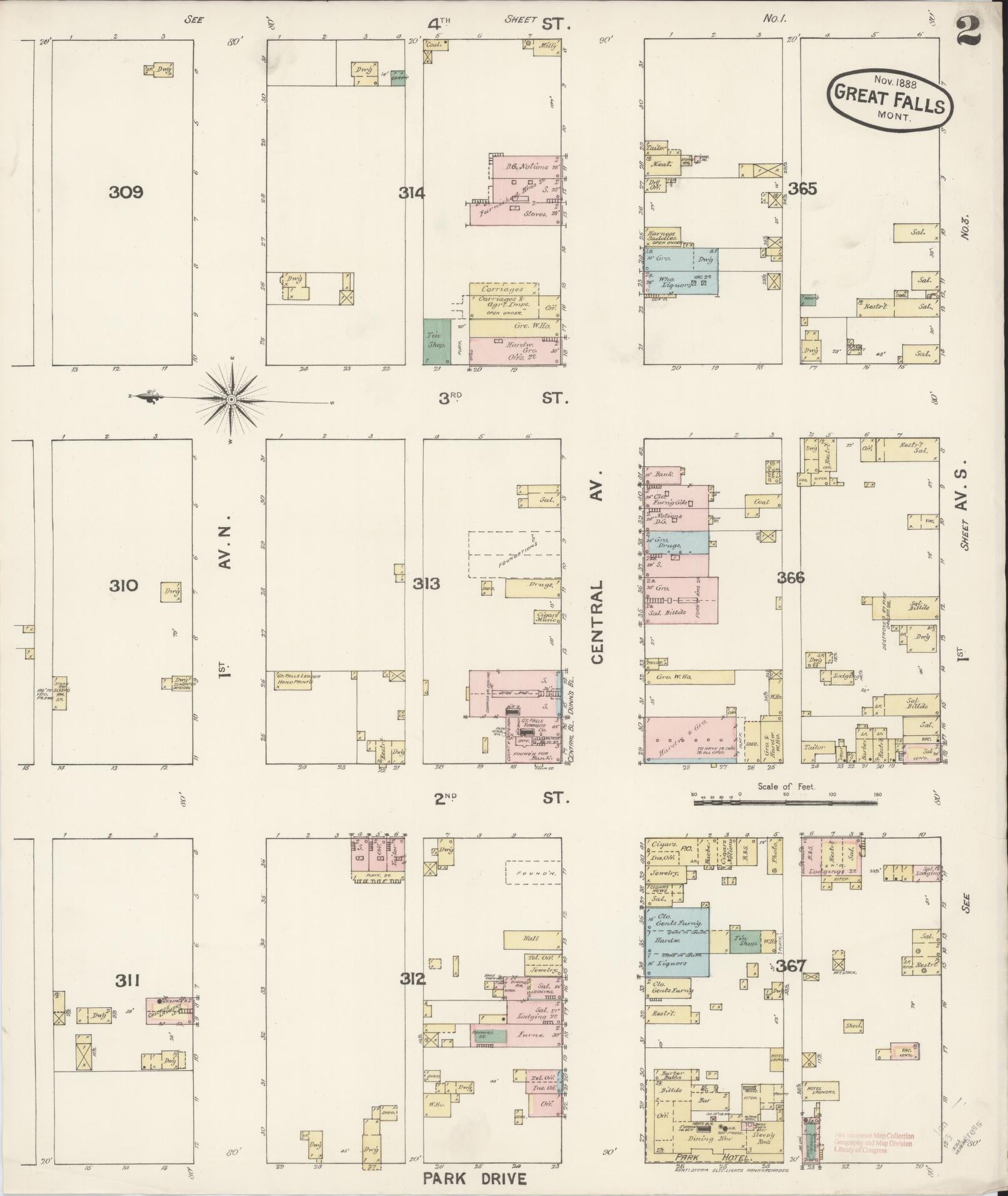 Sanborn Fire Insurance Map from Great Falls, Cascade County, Montana (1888), Sheet #0002 - Historic Sanborn Fire Insurance Map Print, vintage old map wall art, antique decor, genealogy gift, Montana Montana map