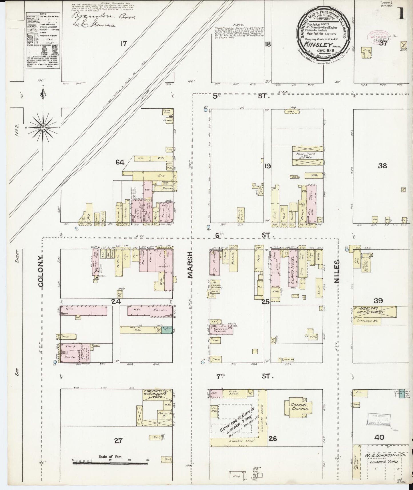 Sanborn Fire Insurance Map from Kinsley, Edwards County, Kansas (1888), Sheet #0001 - Complete Map Set gallery image, historic Sanborn map, vintage wall art, Kansas Kansas