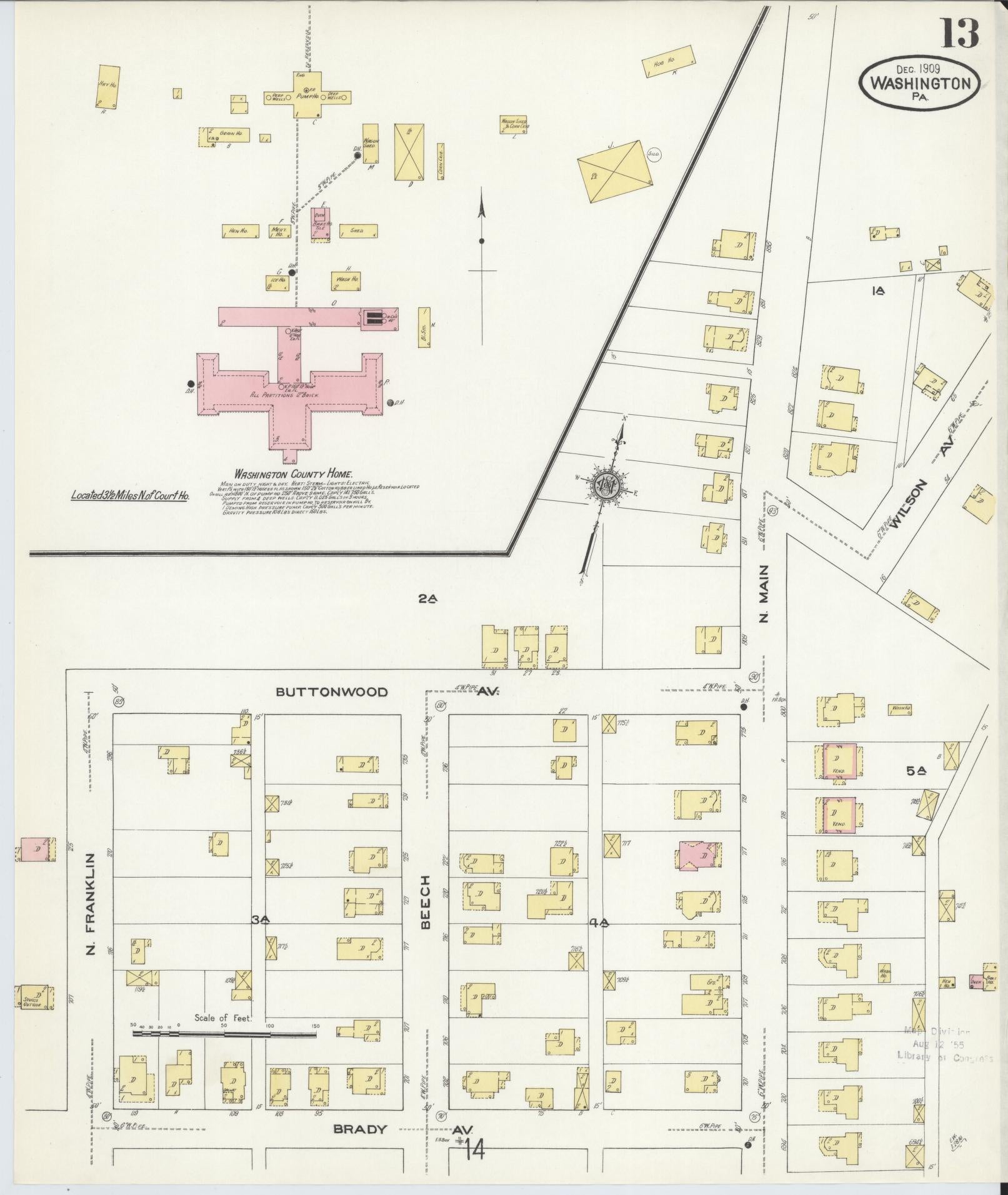 Sanborn Fire Insurance Map from Washington, Washington County, Pennsylvania (1909), Sheet #0013 - Historic Sanborn Fire Insurance Map Print, vintage old map wall art, antique decor, genealogy gift, Sanborn Fire Insurance Map from Washington Washington map