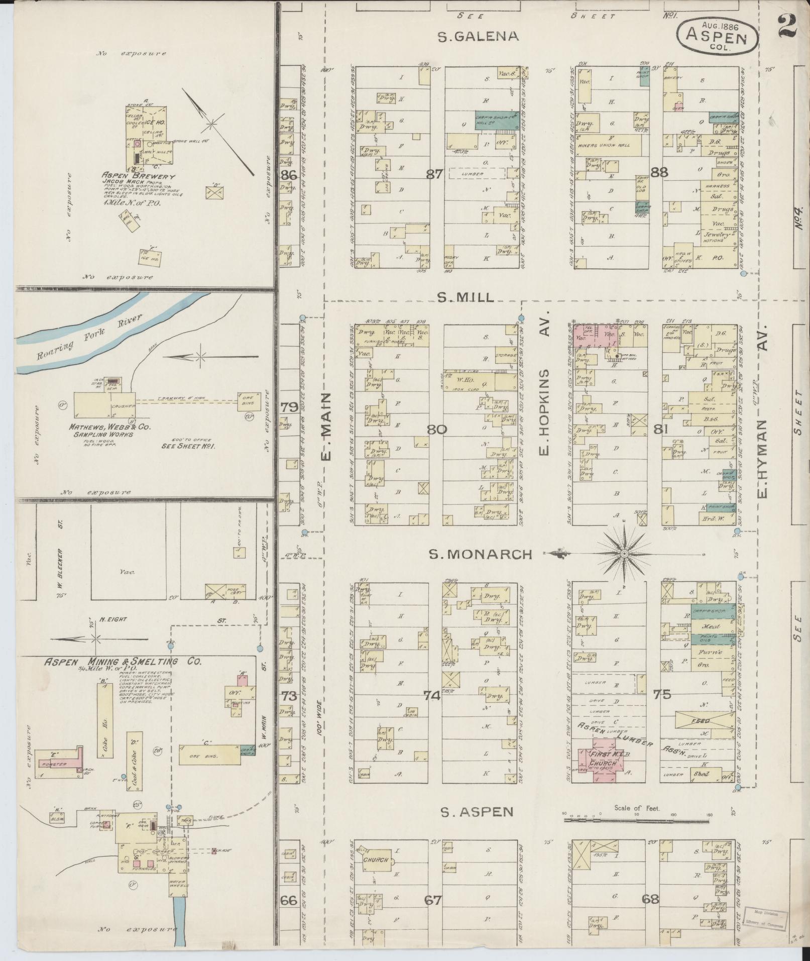 Sanborn Fire Insurance Map from Aspen, Pitkin County, Colorado (1886), Sheet #0002 - Complete Map Set gallery image, historic Sanborn map, vintage wall art, Colorado Colorado