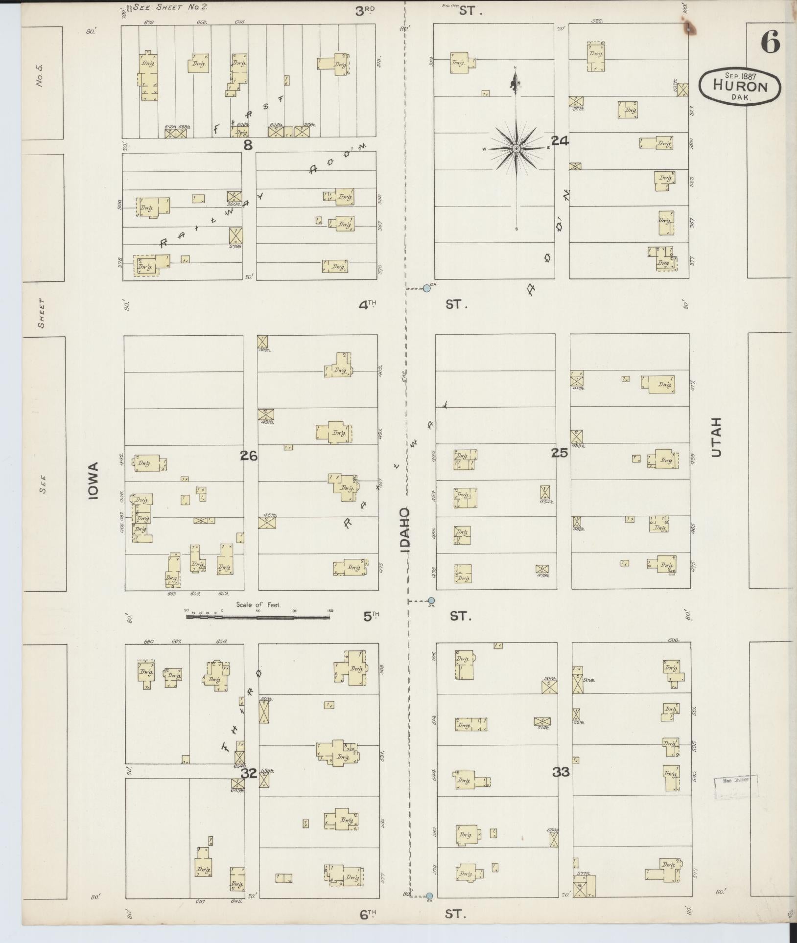 Sanborn Fire Insurance Map from Huron, Beadle County, South Dakota (1887), Sheet #0006 - Historic Sanborn Fire Insurance Map Print, vintage old map wall art, antique decor, genealogy gift, South Dakota South Dakota map