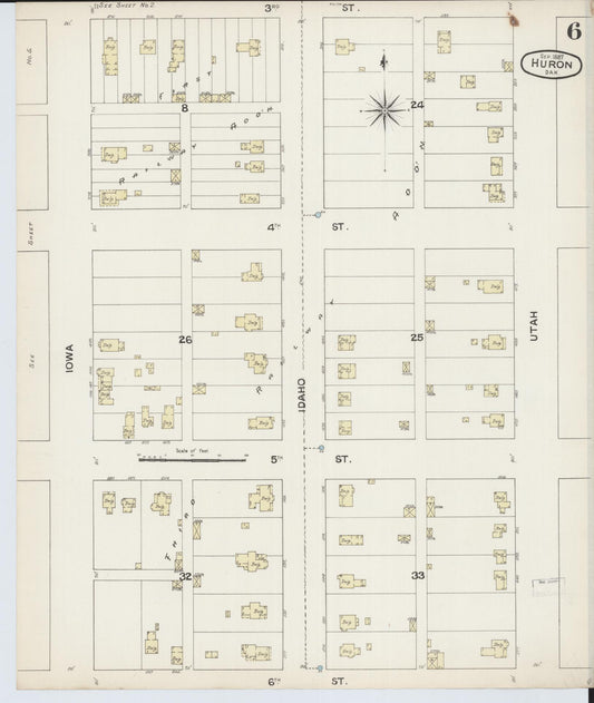 Sanborn Fire Insurance Map from Huron, Beadle County, South Dakota (1887), Sheet #0006 - Historic Sanborn Fire Insurance Map Print, vintage old map wall art, antique decor, genealogy gift, South Dakota South Dakota map