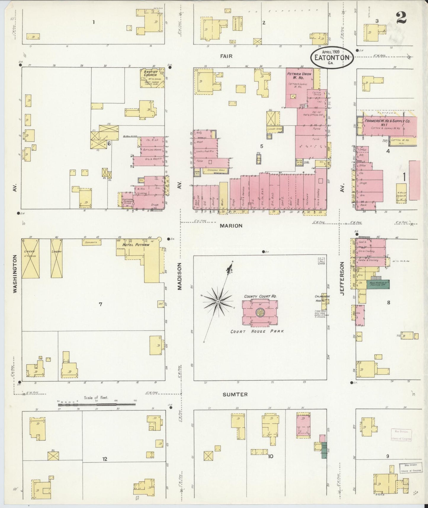 Sanborn Fire Insurance Map from Eatonton, Putnam County, Georgia (1909), Sheet #0002 - Historic Sanborn Fire Insurance Map Print, vintage old map wall art, antique decor, genealogy gift, Georgia Georgia map
