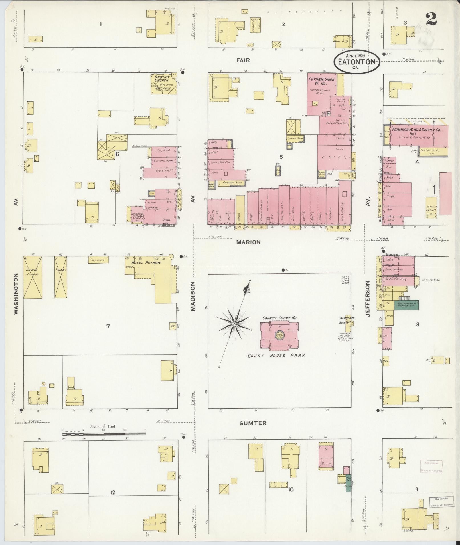 Sanborn Fire Insurance Map from Eatonton, Putnam County, Georgia (1909), Sheet #0002 - Historic Sanborn Fire Insurance Map Print, vintage old map wall art, antique decor, genealogy gift, Georgia Georgia map